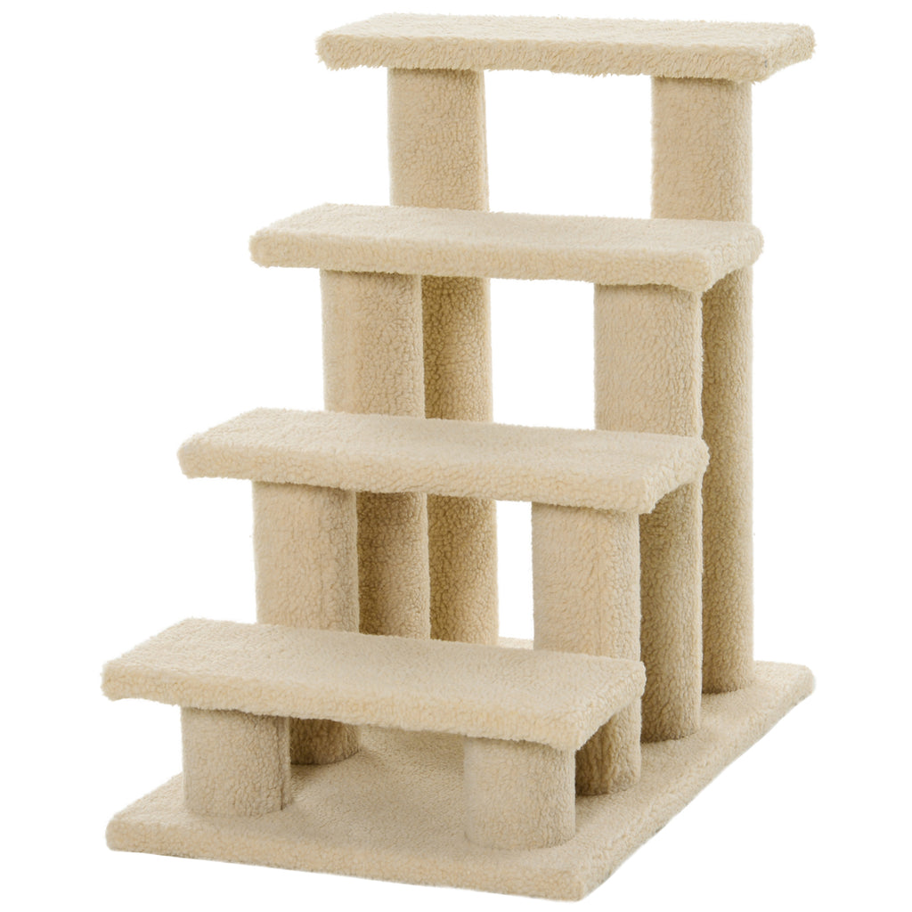 25" 4-Step Pet Stairs, Multi-Level Durable Wear-Resistant Particle Board Carpeted Ladder Ramp, Cat Dog Scratching Post, Cat Tree Climber, Beige