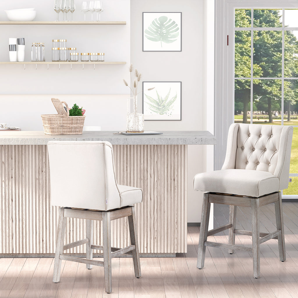 Swivel Bar Stools Set of 2, 27" Counter Height Stools with Linen Upholstery and Button Tufted Design for Kitchen