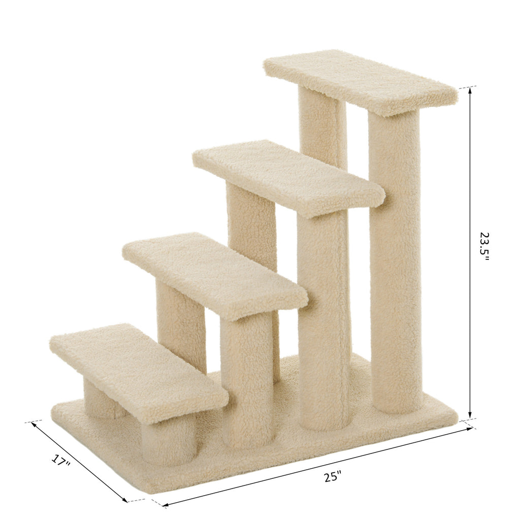 25" 4-Step Pet Stairs, Multi-Level Durable Wear-Resistant Particle Board Carpeted Ladder Ramp, Cat Dog Scratching Post, Cat Tree Climber, Beige