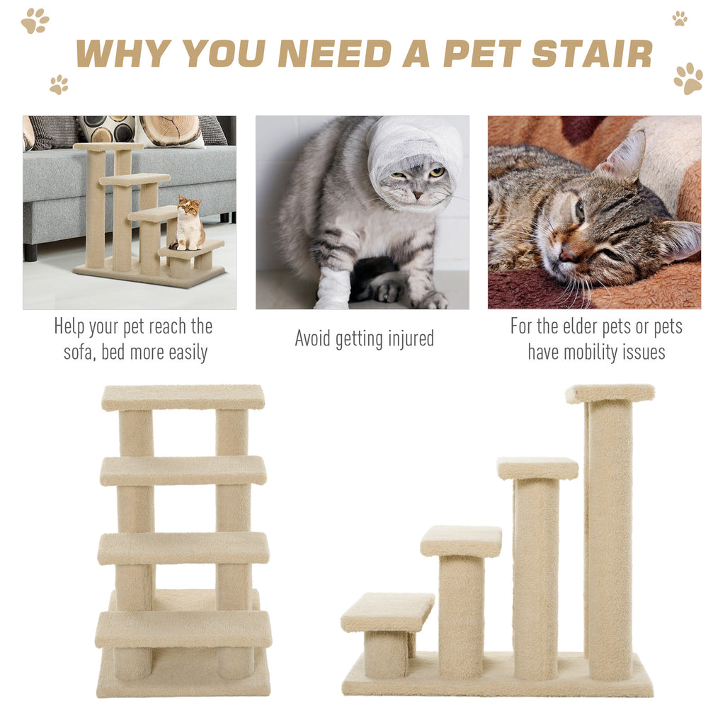 25" 4-Step Pet Stairs, Multi-Level Durable Wear-Resistant Particle Board Carpeted Ladder Ramp, Cat Dog Scratching Post, Cat Tree Climber, Beige