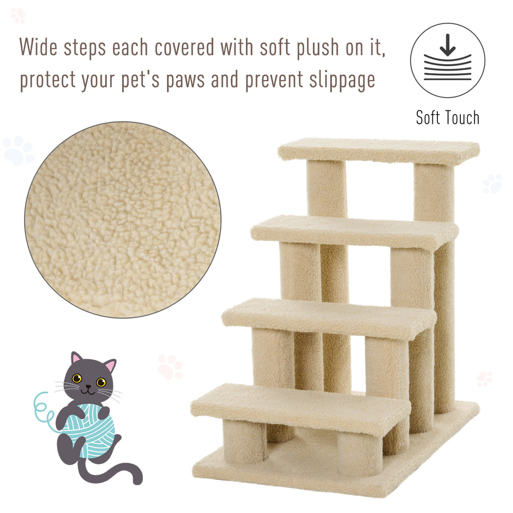 25" 4-Step Pet Stairs, Multi-Level Durable Wear-Resistant Particle Board Carpeted Ladder Ramp, Cat Dog Scratching Post, Cat Tree Climber, Beige