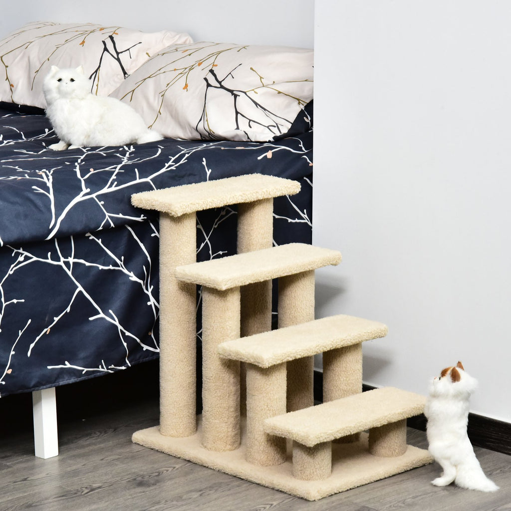 25" 4-Step Pet Stairs, Multi-Level Durable Wear-Resistant Particle Board Carpeted Ladder Ramp, Cat Dog Scratching Post, Cat Tree Climber, Beige