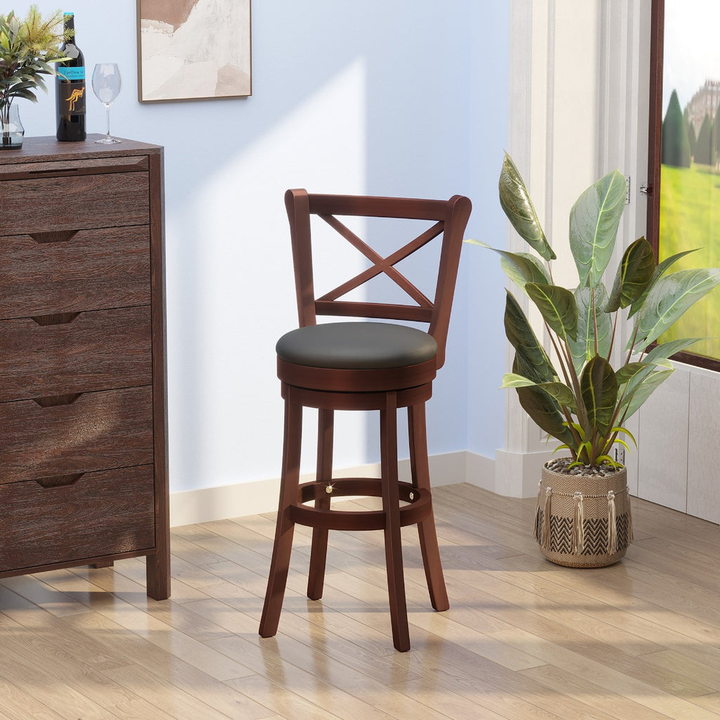 Traditional Bar Stool 31 Inch Seat Height Barstool Swivel PU Leather Upholstered Chair with Cross Back and Rubberwood Frame Black