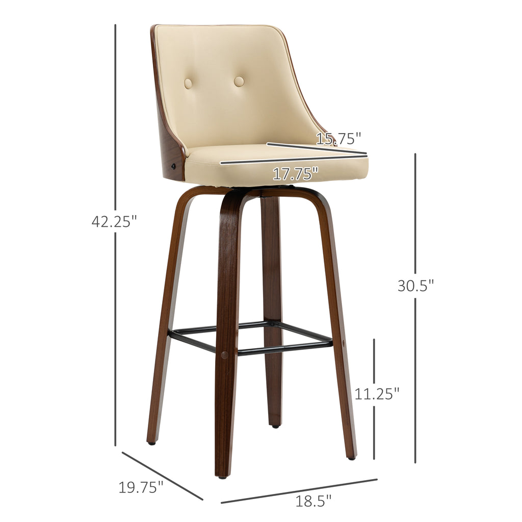 Bar Height Bar Stools, PU Leather Swivel Barstools with Footrest and Tufted Back, Set of 4, Beige