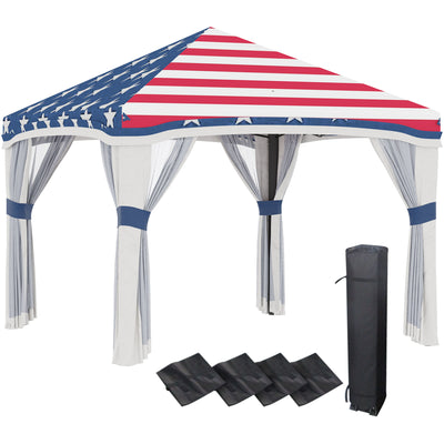 10' x 10' Pop Up Canopy with Netting, Foldable Tents for Parties, Height Adjustable, with Wheeled Carry Bag and 4 Sand Bags for Outdoor, Garden, Patio, American Flag