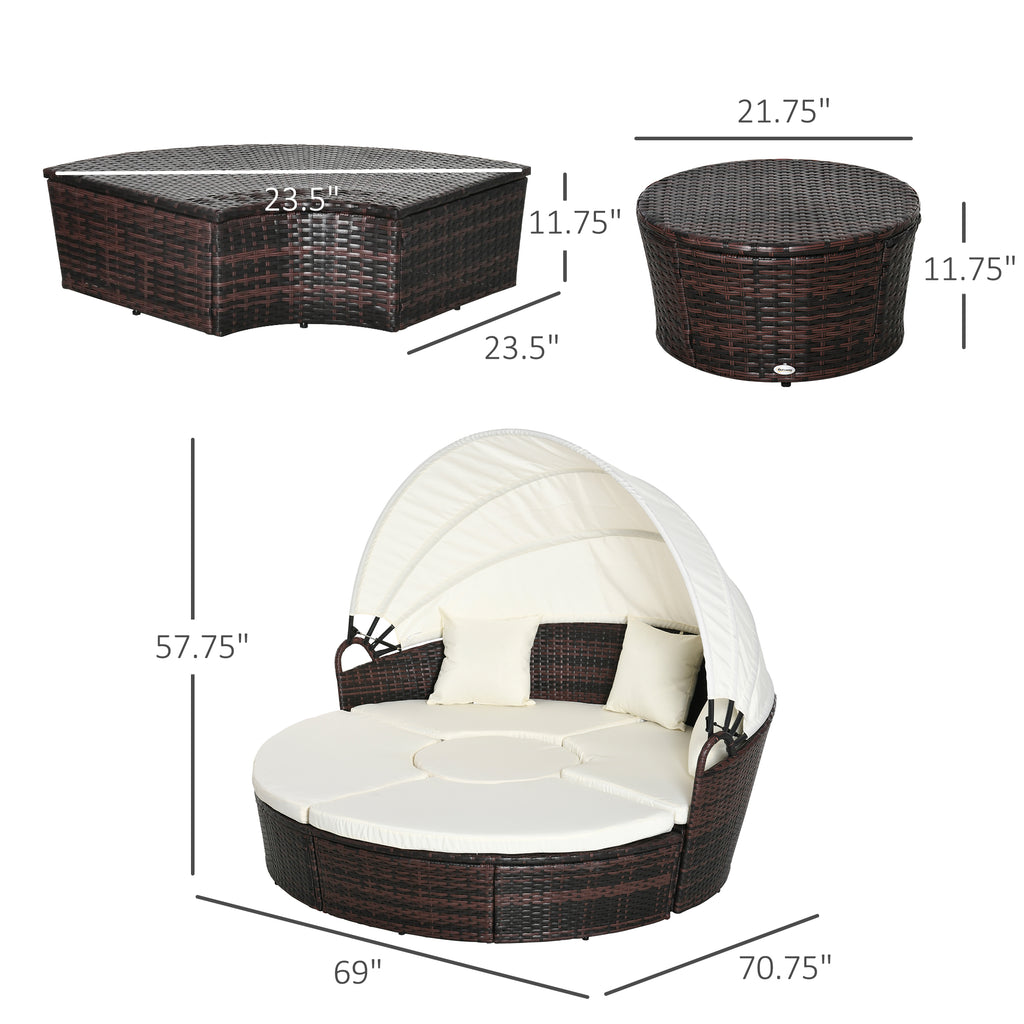 4-Piece Rattan Patio Furniture Set, Round Convertible Daybed or Sunbed with Adjustable Sun Canopy, Sectional Sofa, 2 Chairs, Table, 3 Pillows, Cream White
