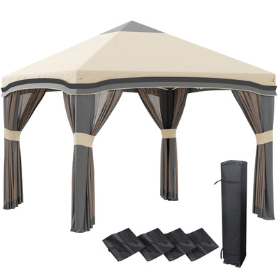 10' x 10' Pop Up Canopy with Netting, Foldable Tents for Parties, Height Adjustable, with Wheeled Carry Bag and 4 Sand Bags for Outdoor, Garden, Patio, Beige