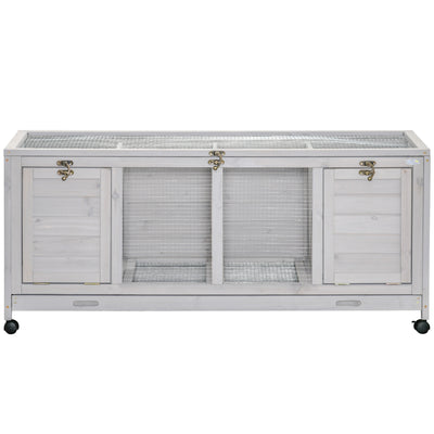Wooden Rabbit Hutch with Wheels, Dividers for Indoor Use, Light Gray