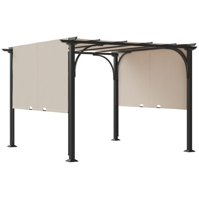 10' x 10' Steel Patio Pergola, Retractable Canopy, Backyard Shade Shelter for Porch Party, Garden, Grill Gazebo, Beige