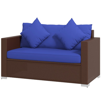 Wicker Loveseat, Patio Furniture Couch with Cushions, 2 Seats PE Rattan Sofa, 2 Throw Pillows, Dark Blue