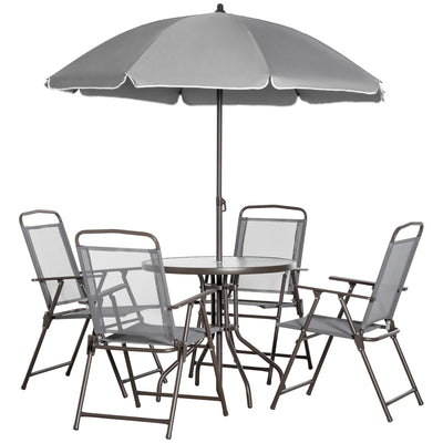 6 Piece Patio Dining Set for 4 with Umbrella, with 4 Folding Dining Chairs & Round Glass Table for Garden, Gray