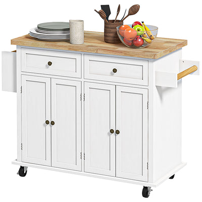Kitchen Island on Wheels, Rolling Cart with Rubberwood Top, Spice Rack, Towel Rack and Drawers for Dining Room, White