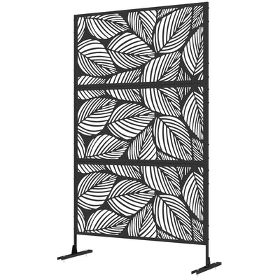 6.5' Decorative Outdoor Divider, Metal Privacy Screen with Stand, Leaf Motif, Black