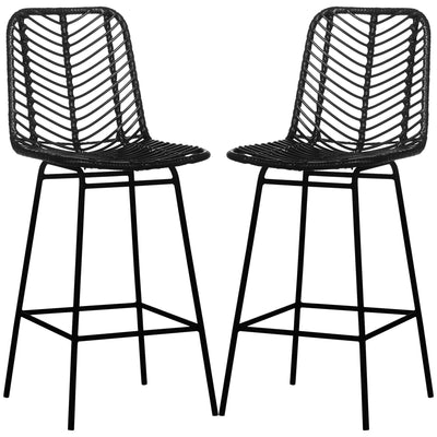 Set of 2 Rattan Barstools Wicker Counter Stools with Steel Legs and Footrest for Dining Room Kitchen Pub Black