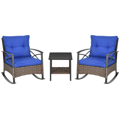 3 Piece Rocking Wicker Bistro Set, Outdoor Patio Furniture Set with 2 Porch Rocker Chairs, Cushions, 2-Tier Coffee Table for Garden