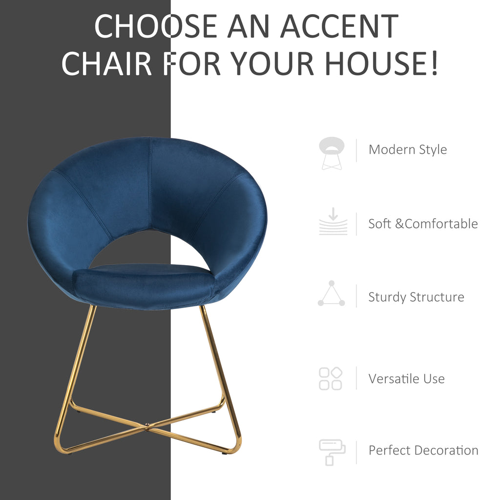 Modern Accent Velvet Chair Open Curved Mid-Back Upholstered Vanity Chair with Gold Plating Metal Legs for Living Room/Office/Reception, Blue