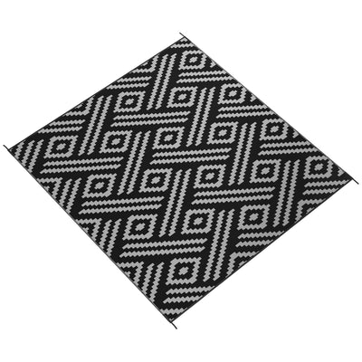 Reversible Outdoor Rug Carpet RV Camping Rugs with Carry Bag, 8' x 10', Black & Gray Geometric