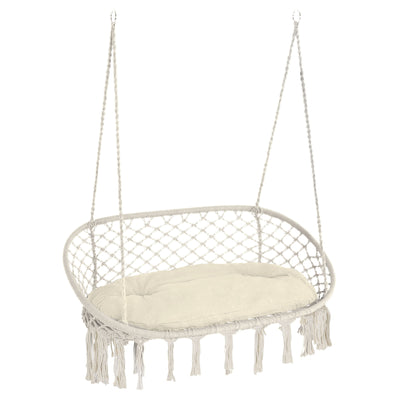 Hanging Hammock Chair Cotton Rope Porch Swing with Metal Frame and Cushion, Large Macrame Seat for Patio, Garden, Cream White