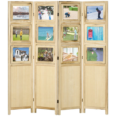 4 Panel Room Divider with Photo Frames and Cardstocks, Indoor Wood Portable Folding Privacy Screens, Natural