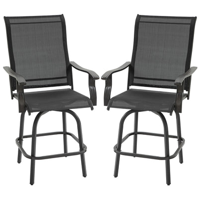 Set of 2 Outdoor Swivel Bar Stools with Armrests, Bar Height Patio Chairs with Steel Frame for Balcony, Poolside, Backyard, Black