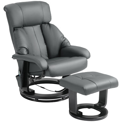 Swivel Recliner with Ottoman, Faux Leather Reclining Chair with Massage, Footstool Remote and Side Pocket, Gray