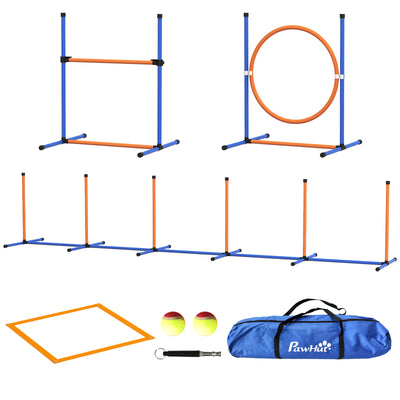 4 Pcs Agility Training Equipment for Dogs w/ Weave Poles Adjustable Hurdle Jumping Ring, Pause Box for Backyard Orange