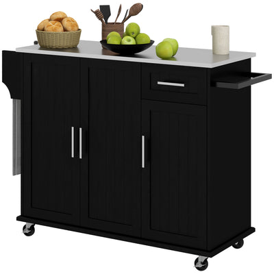 Kitchen Island w/ Storage, Rolling Kitchen Island on Wheels w/ Drawer, 3 Cabinets, Stainless Steel Countertop, Spice Rack and Towel Rack, Black