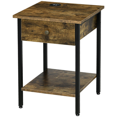 End Table with Wireless Charging Station, 2 USB Ports, Rustic Brown