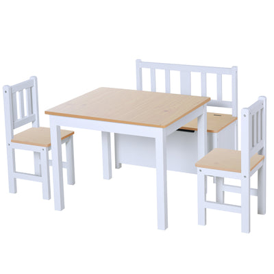 4-Piece Kids Table Set with 2 Wooden Chairs, 1 Storage Bench, and Interesting Modern Design, Natural/White