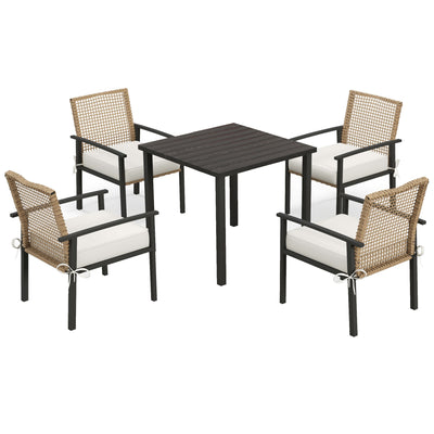 5 Piece Patio Dining Set, Outdoor Table and Chairs with Cushions, Wicker Furniture Dining Set with Umbrella Hole, Beige