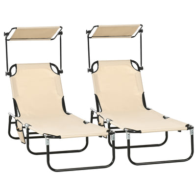 Folding Chaise Lounge Pool Chairs, Set of 2 Outdoor Sun Tanning Chairs with Sunshade Face Guard, Reclining Back for Beach, Yard, Patio, Tan