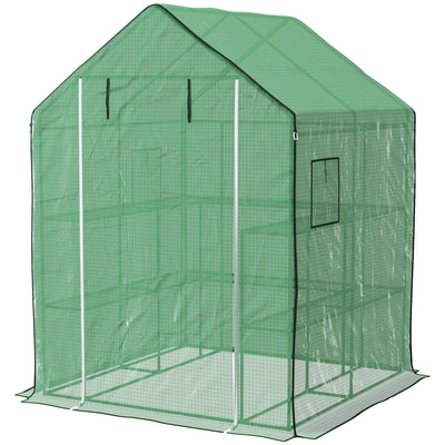 4.6' x 4.7' Portable Greenhouse, Water/UV Resistant Walk-In Hot House w/ 2 Tier U-Shape Flower Rack, Roll Up Door, Windows, Green
