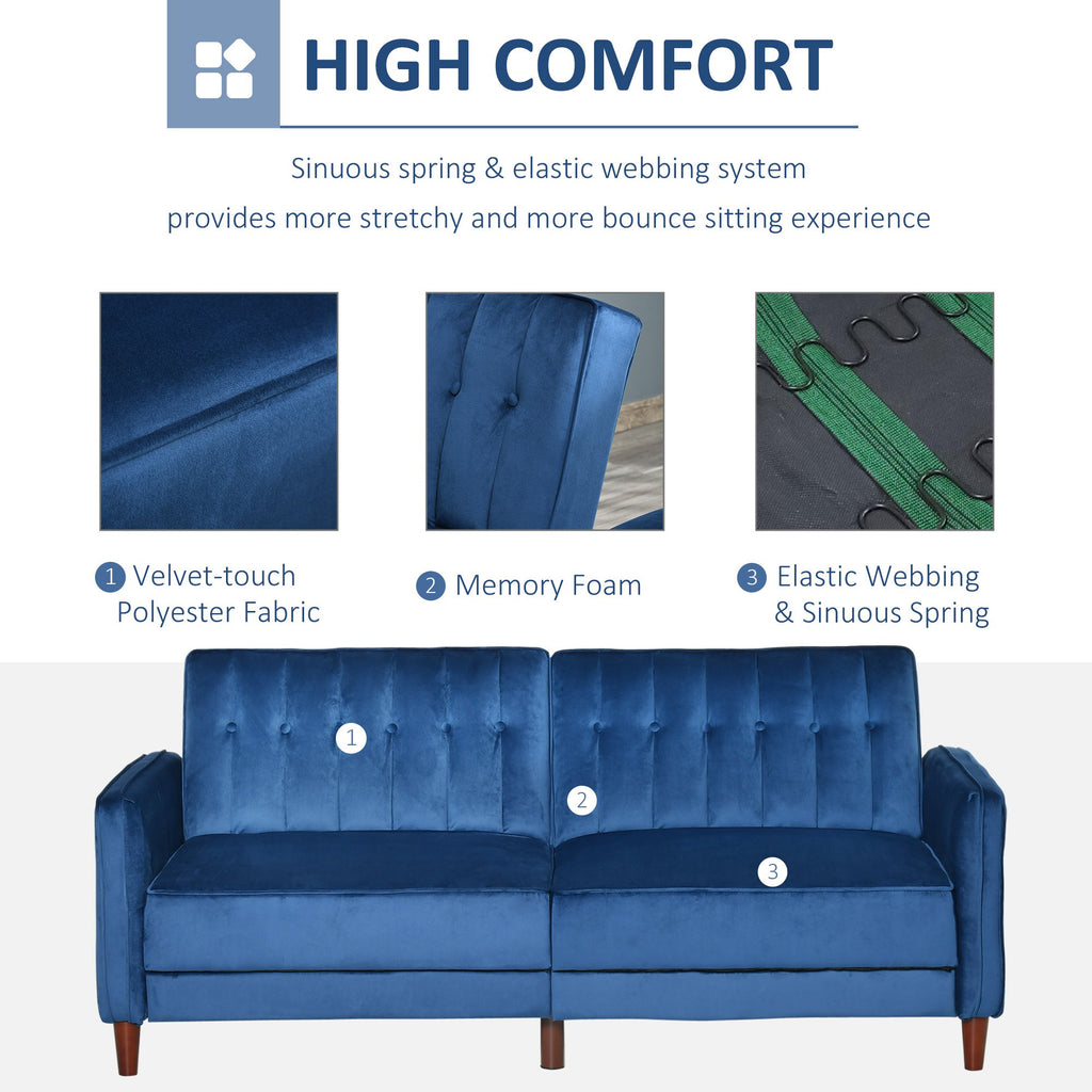 Convertible Sofa Sleeper Chair with Split Back Design Recline, Thick Padded Velvet-Touch Cushion Seating and Wood Legs, Blue