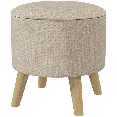 Round Ottoman Stool with Storage, Linen Fabric Upholstered Foot Stool with Padded Seat, Hidden Space and Wood Legs