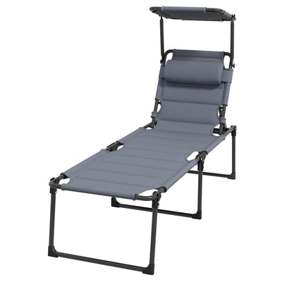 Adjustable Folding Chaise Lounge with 4-position Backrest, Sun Roof, Head Pillow for Patio, Balcony, Outdoor, Gray