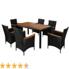 7 PCS Patio Dining Set Rattan Wicker Furniture Set with Acacia Wood Table Top, Stackable Armrest Chairs with Water-Proof Cushion