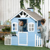 Wooden Playhouse for Kids Outdoor with Flower Pot Holders, Door, Windows, Service Stations for 3-7 Years, Blue