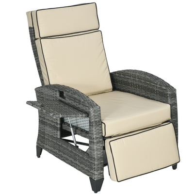 Outdoor Recliner Chair with Adjustable Backrest, Cushion, Side Tray, Khaki