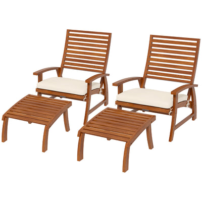 4 PCs Acacia Patio Chairs with Footstool, Cushion, Cream White