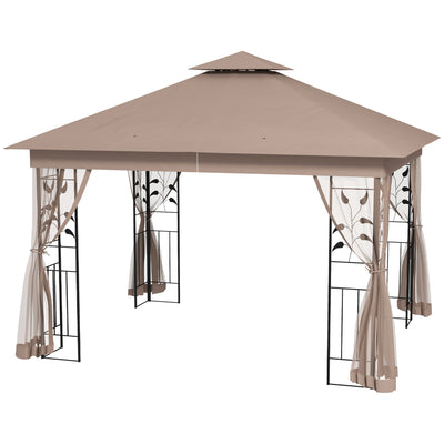 10' x 11.5' Metal Patio Gazebo, Double Roof Outdoor Gazebo Canopy Shelter w/Tree Motifs Corner Frame and Netting, Brown