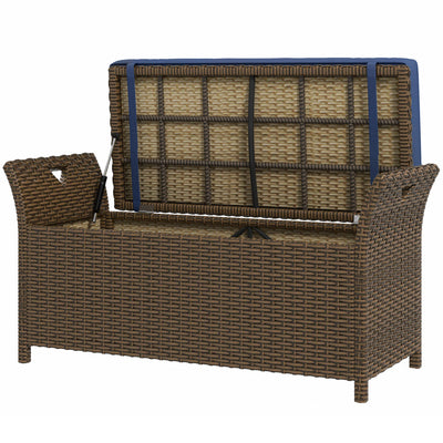 Outdoor Patio Wicker Storage Bench, 2-In-1 Rattan Patio Furniture, 27 Gal Storage Box w/ Cushion, Dark Blue