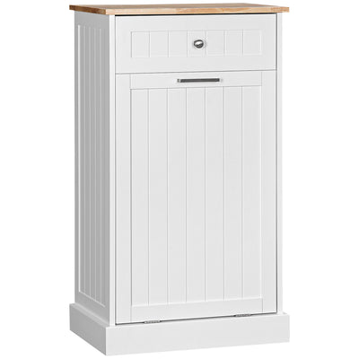 Kitchen Tilt Out Trash Cabinet, Trash Can Holder with Storage, Kitchen Wooden Recycling Cabinet with Drawer, White/Oak