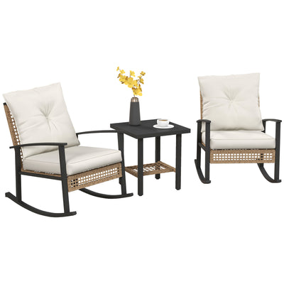 3 Pieces Bistro Set, Patio Wicker Furniture Set with Rattan Rocking Chairs and Coffee Table for Garden, Balcony, White