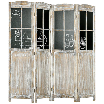 4-Panel Wood Room Divider with Chalkboard Panels, Rustic Folding Privacy Screens Room Divider, Partition Wall dividers for Rooms, Natural