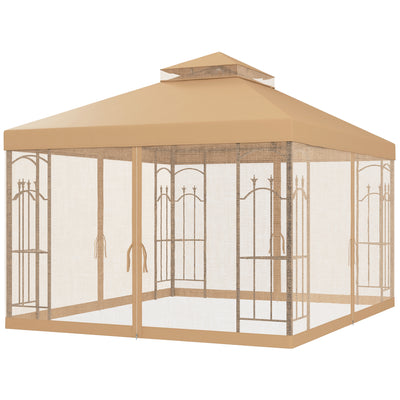10' x 12' Patio Gazebo with Corner Frame Shelves, Double Roof Outdoor Gazebo Canopy Shelter with Netting, Brown