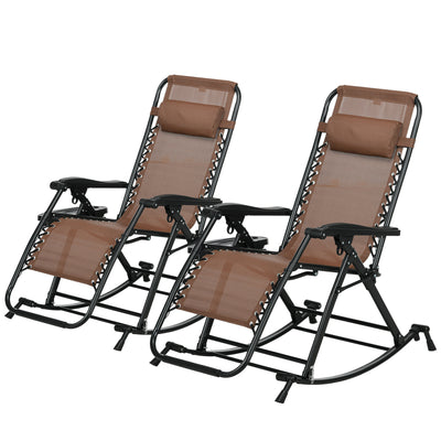 Outdoor Foldable Rocking Chair Sets, Reclining Zero Gravity Lounge Rocker w/ Pillow, Cup & Phone Holder, Brown