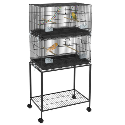 Large Bird Cage with Stand, Wooden Swing, Rope Ladder & Wheels, Budgie Cage with Storage Shelf, Removable Tray, for Canaries