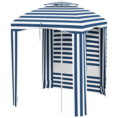 5.8' x 5.8' Cabana Umbrella for Travel, Vented Windows, Ruffles, Carry Bag, Outdoor Umbrella, Blue White Strip