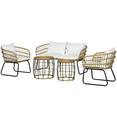5 Piece PE Rattan Outdoor Furniture Set with Cushioned Chairs, Loveseat Sofa & Stackable Coffee Tables, Cream White