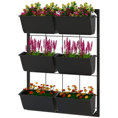 3-Tier Wall Planter Hanging with 6 Pots, Wall Mounted Planter Holder with Water Drainages for Flowers, Vegetable, Black
